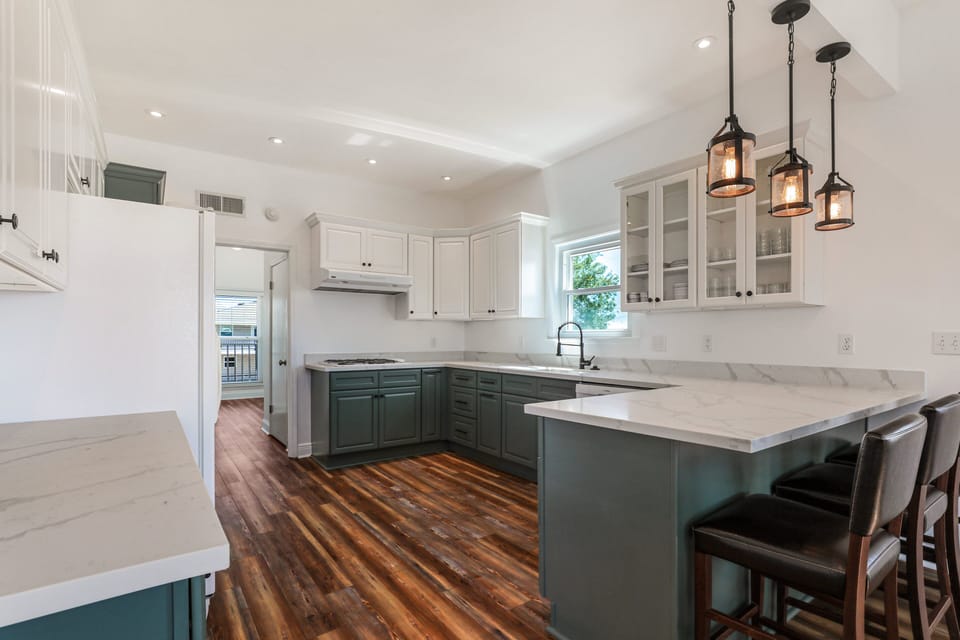 The kitchen has all of the features you would expect in a vacation rental