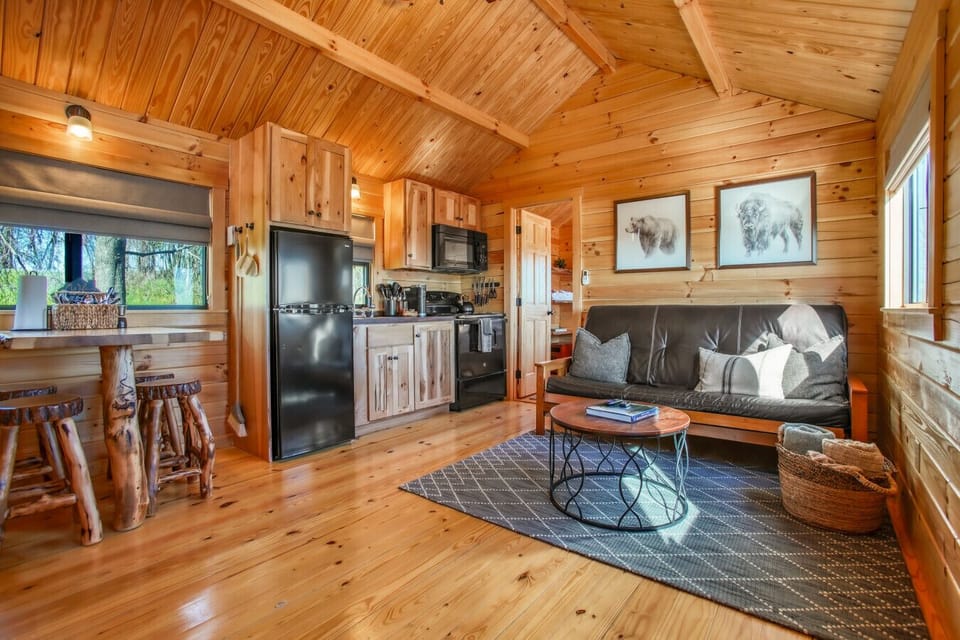 Open kitchen and living area in a wooden cabin