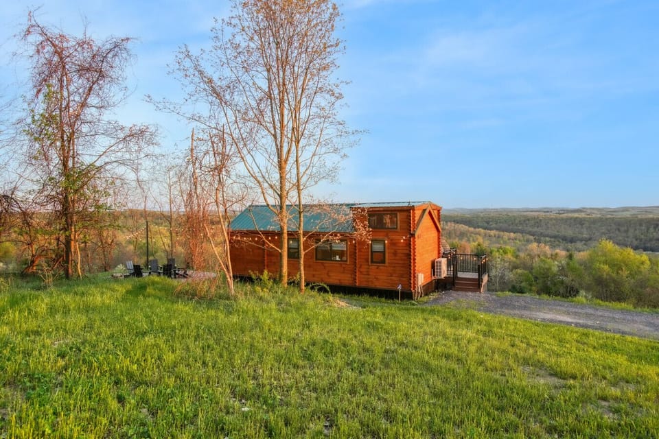 Cabin with green roof surrounded by grassy fields and trees