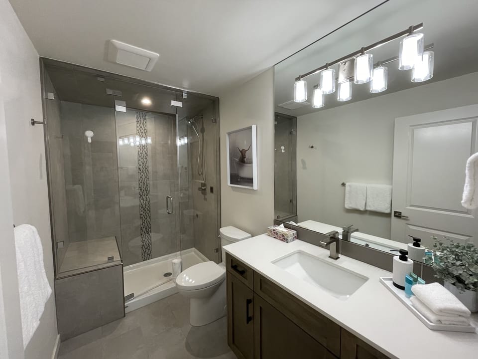 Primary ensuite with Quartz counters and steam walk-in shower