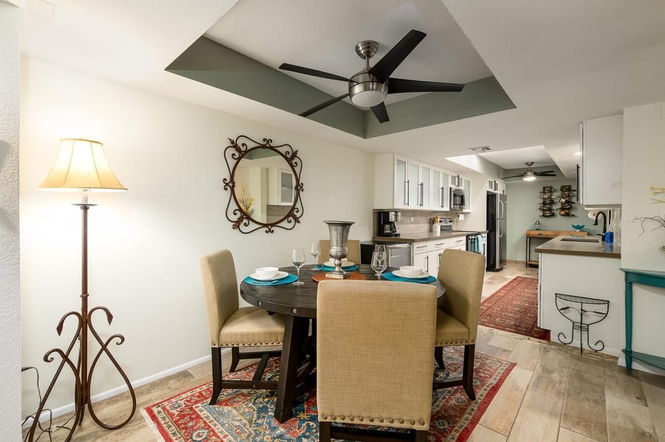 View of dining room and kitchen.