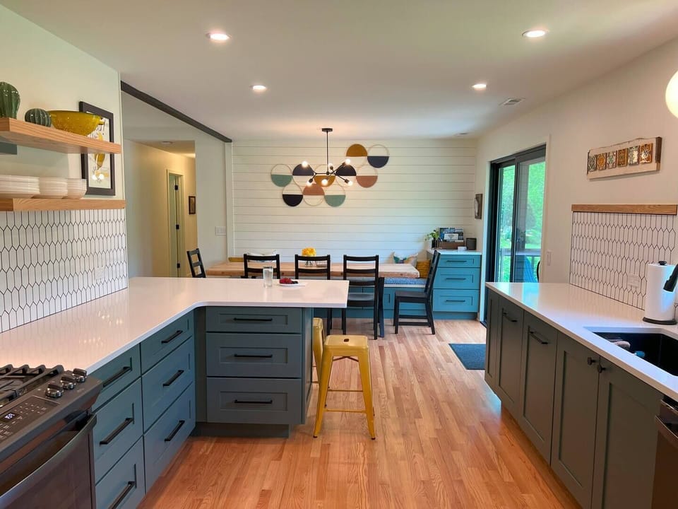 large kitchen open to dining room
