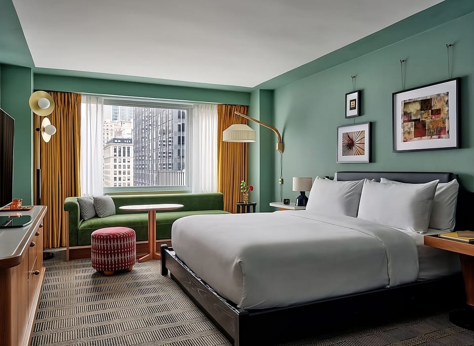 Wake refreshed in a serene room overlooking the city.