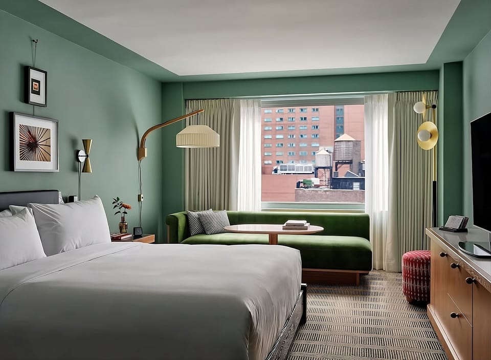 Unwind in crisp linens with a bright city view.