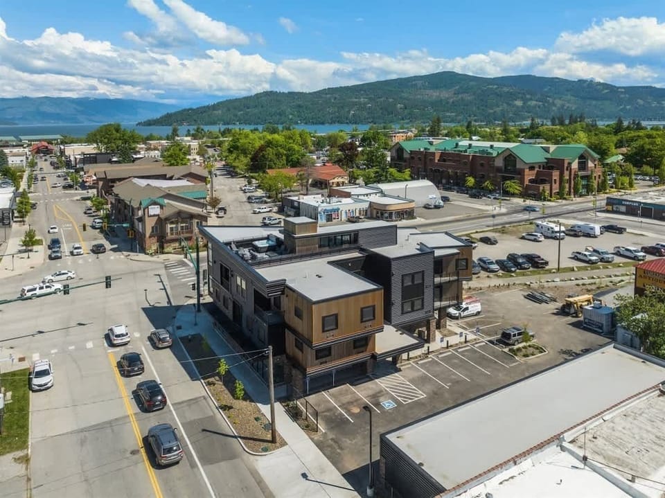 Aerial view of the building at the center of town. Walk or bike everywhere. 