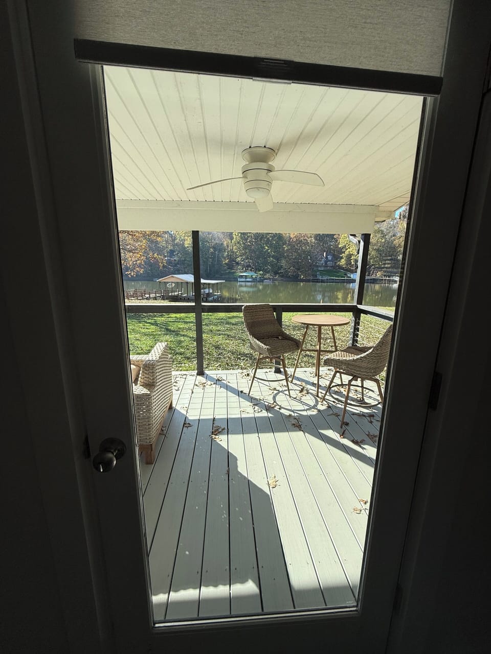 View from 2nd bedrm lake and side gorgeous bed and bedding Enjoy coffee outside