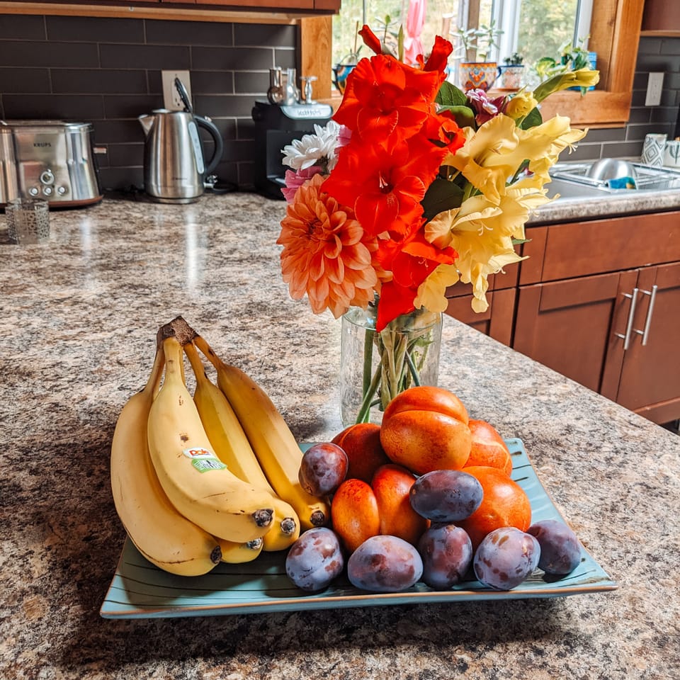 We provide fruit, eggs, milk, butter, oatmeal, tea, and coffee for our guests.