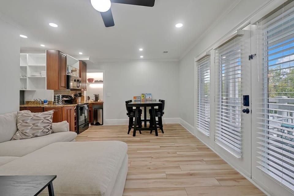 View of the living room and kitchen area.