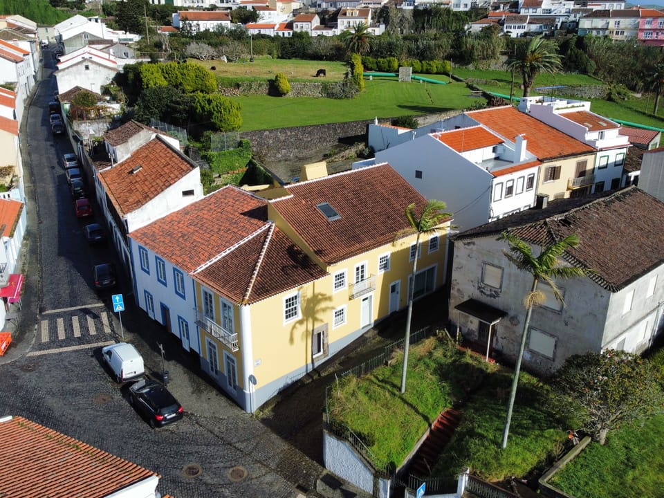 Vista aérea da casa e atrás  o jardim.
