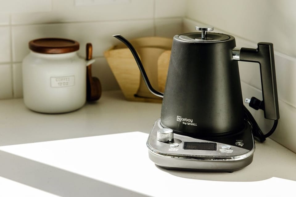 Equipped with everything you need for a cup of tea or pour over coffee.