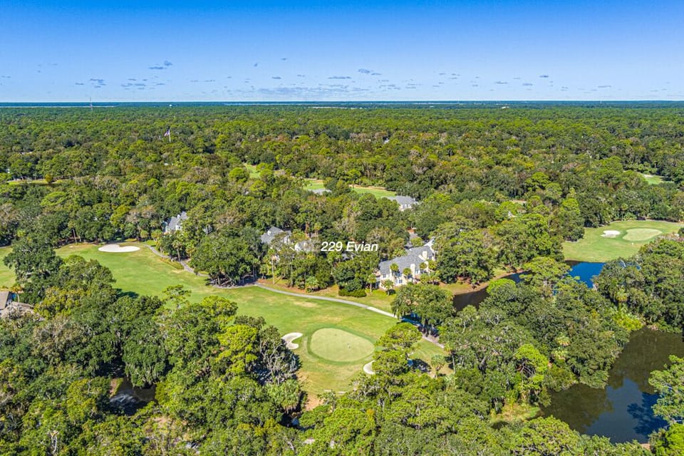 Aerial View of Evian next to the golf course in Shipyard Plantation