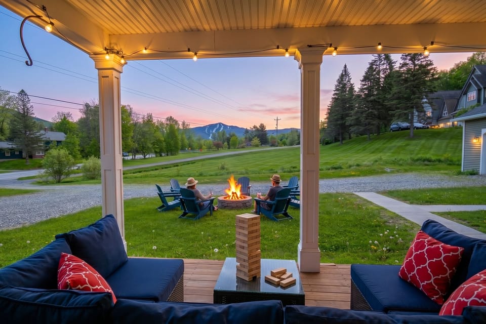 Views from the covered front deck over the fire pit to Morse Mountain at Smuggs'