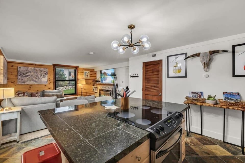 The kitchen is fully equipped with high-end stainless steel appliances, granite countertops, stone tile floors, and a stylish lighting fixture.