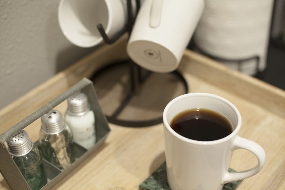 Yes, we provide coffee and tea, sugar, salt,  pepper, dishes, and filtered water