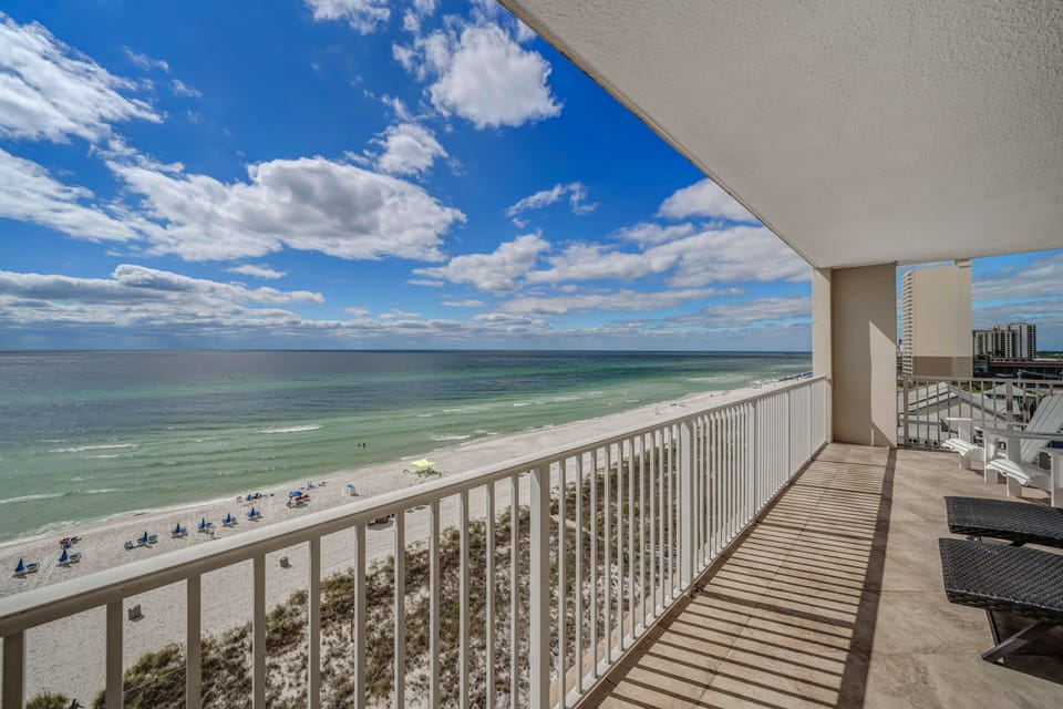 The spacious private balcony offers breathtaking views of the Gulf of Mexico with both comfortable loungers and Adirondacks to enjoy a cup of coffee or a cocktail.