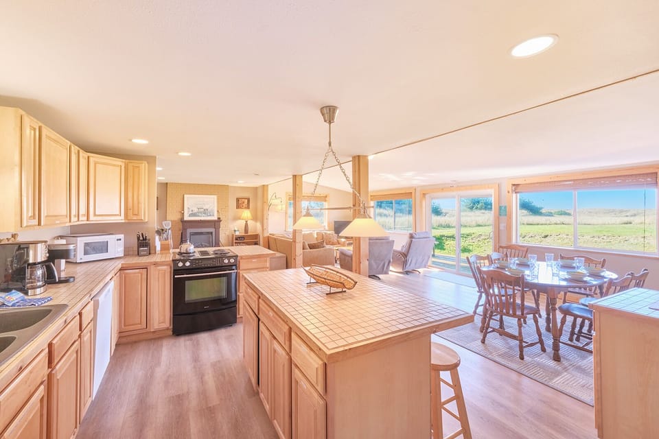 The kitchen comes fully stocked, making meal preparation a breeze.