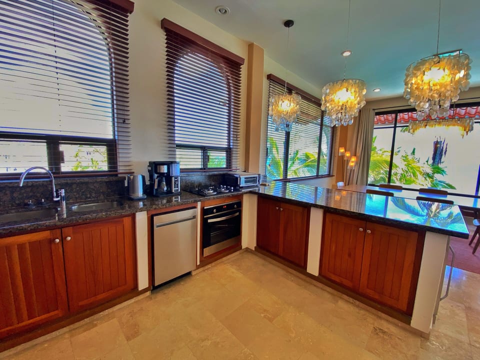 Newly renovated kitchen with an abundance of appliances.