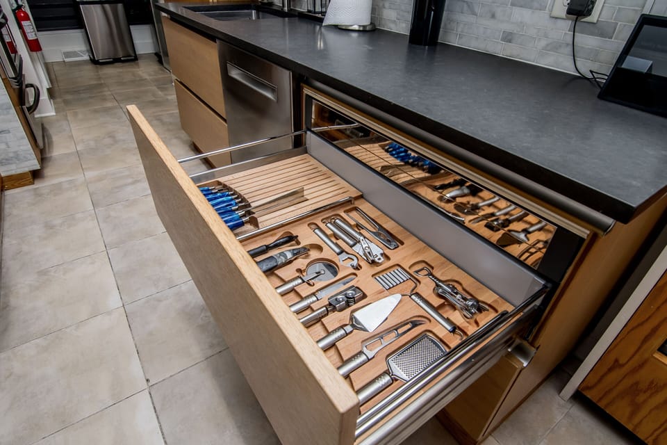 Kitchen utensils are readily available.
