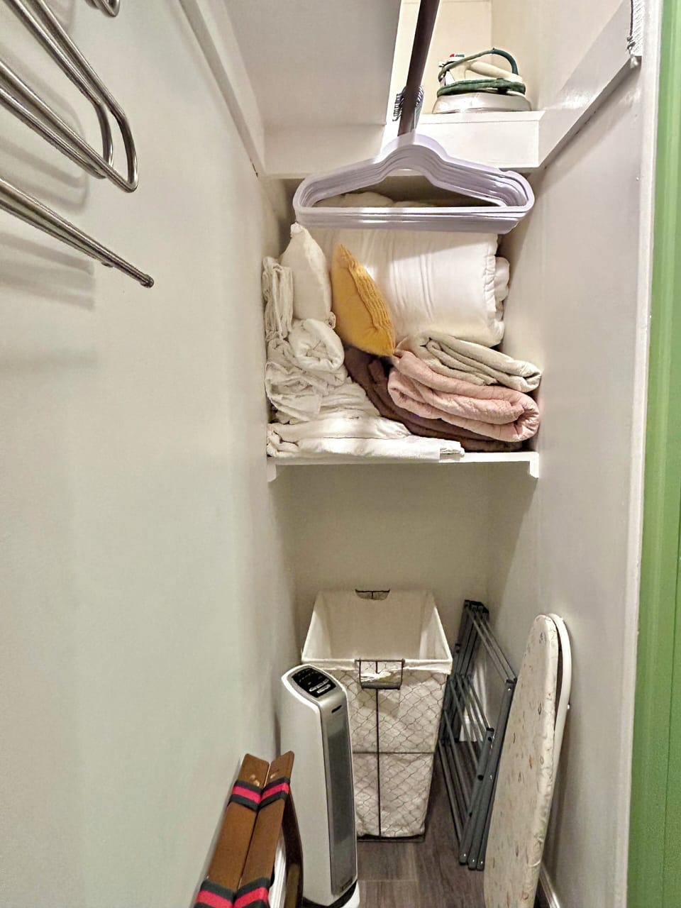 Iron and board, drying rack, flat sheets, pillows, blankets, hamper, heater...