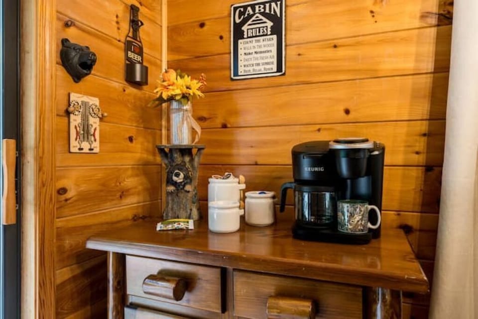 Keurig, coffee pot, french press.  Starter packs of coffee, hot cocoa, creamers.