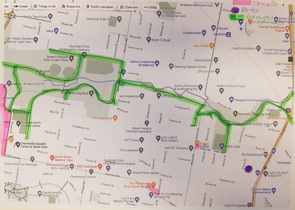 Map of walking paths and bike paths.