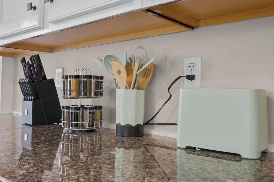 We stock our kitchen with spices, knife set, toaster, and cooking utensils so you can cook that meal and make another great memory with friends and family!