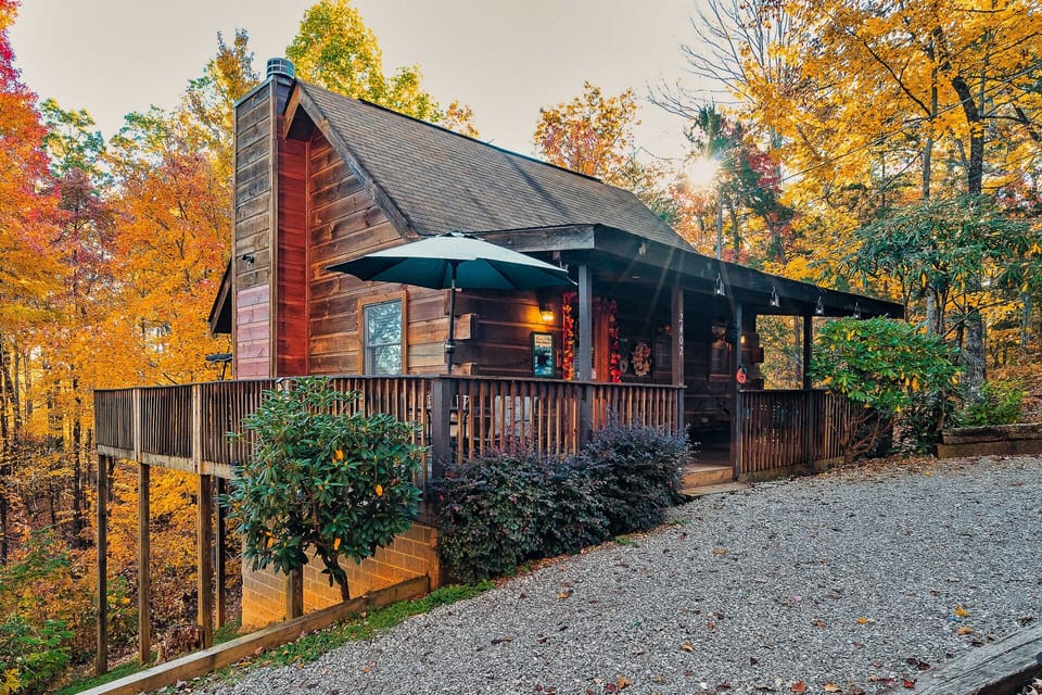 Beary Tale: A picturesque Smoky Mtn cabin nestled amidst vibrant fall foliage.