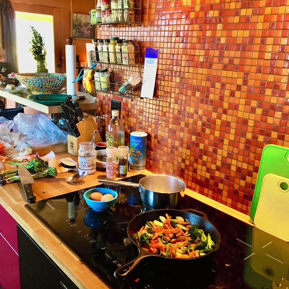 cooks kitchen: salts, spices and oils available for use