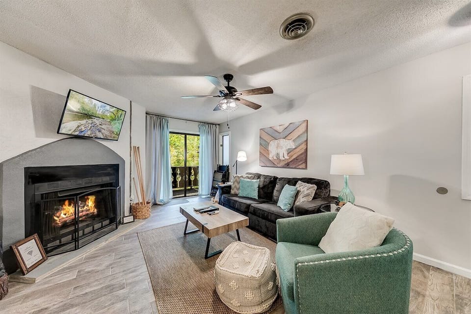 Cozy living area with electric fireplace & TV