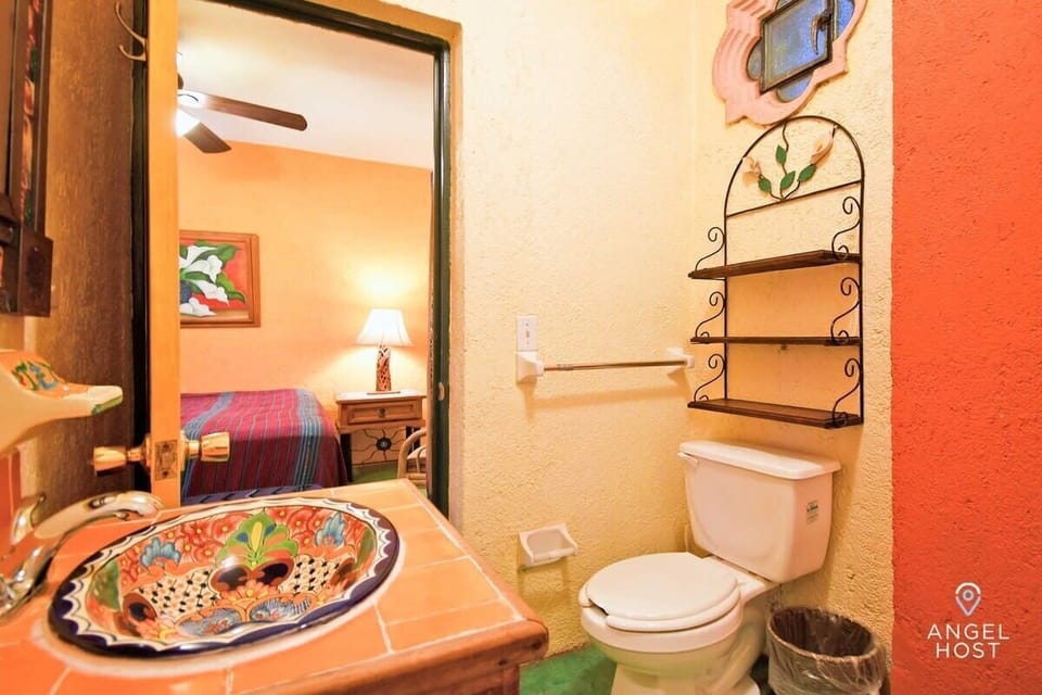 A colorful full bath
