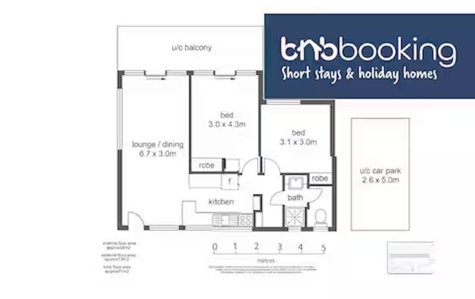 Floor plan shows two bedrooms, one bath open living, balcony and secure parking.