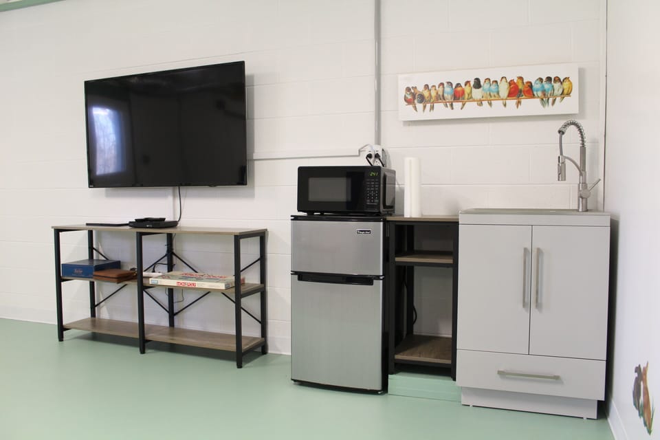 Smart TV, Mini Fridge, MW, Sink