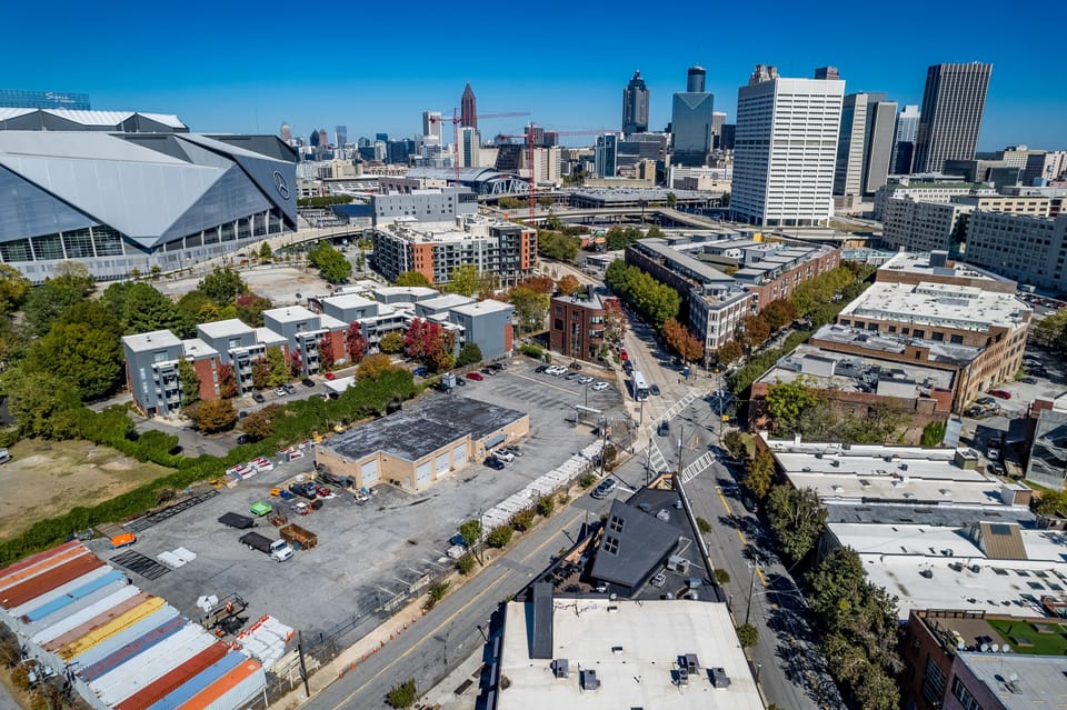 Bird’s-eye view of vibrant city blocks & surrounding buildings