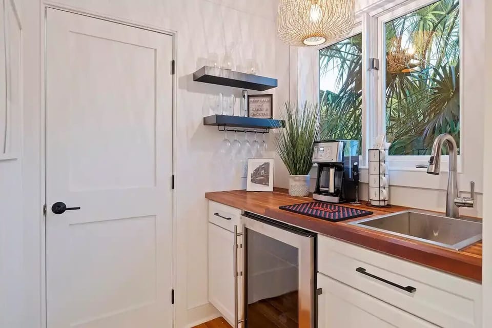 Wet bar for morning coffee or evening cocktails.