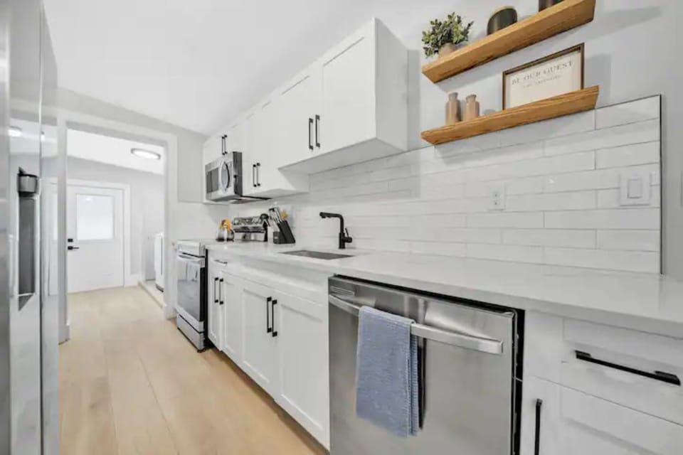 Our brand new kitchen is stocked with everything you need to cook or eat in .