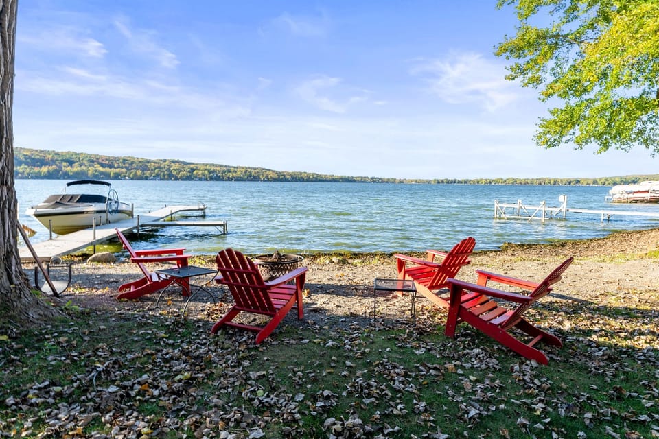 Relax by the lakeside fire pit and enjoy the peaceful sound of the lake