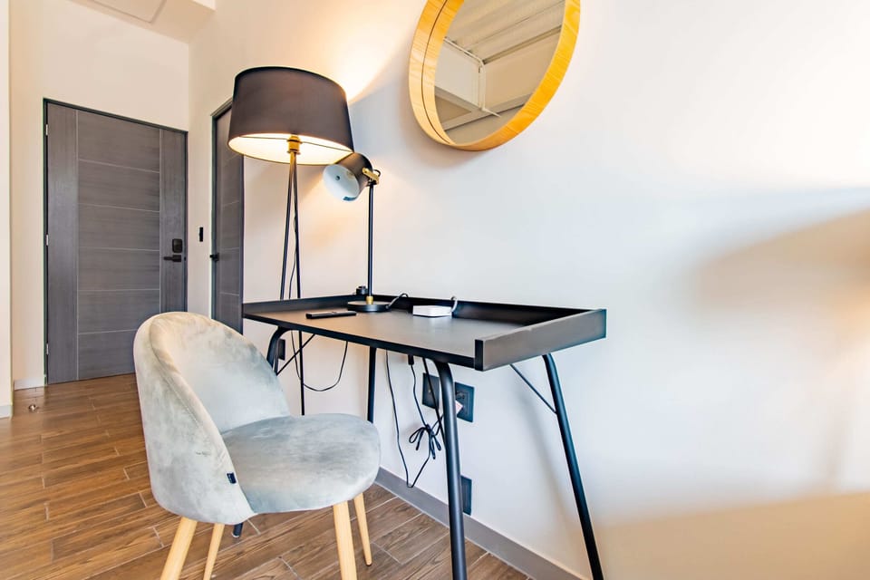 Quiet corner with desk and chair.



