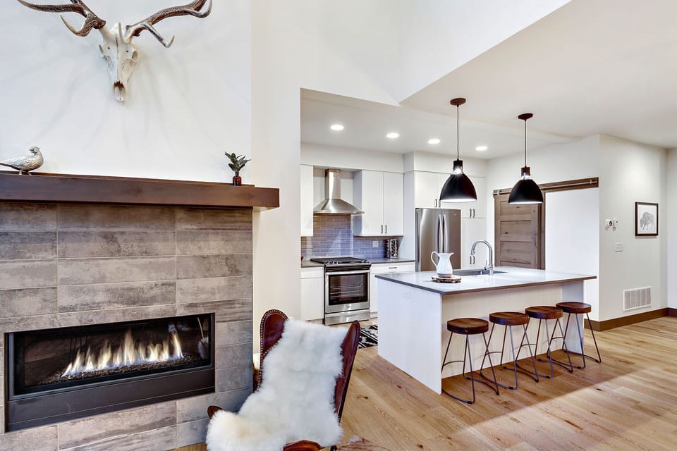 View of the open plan kitchen, taken from the living room