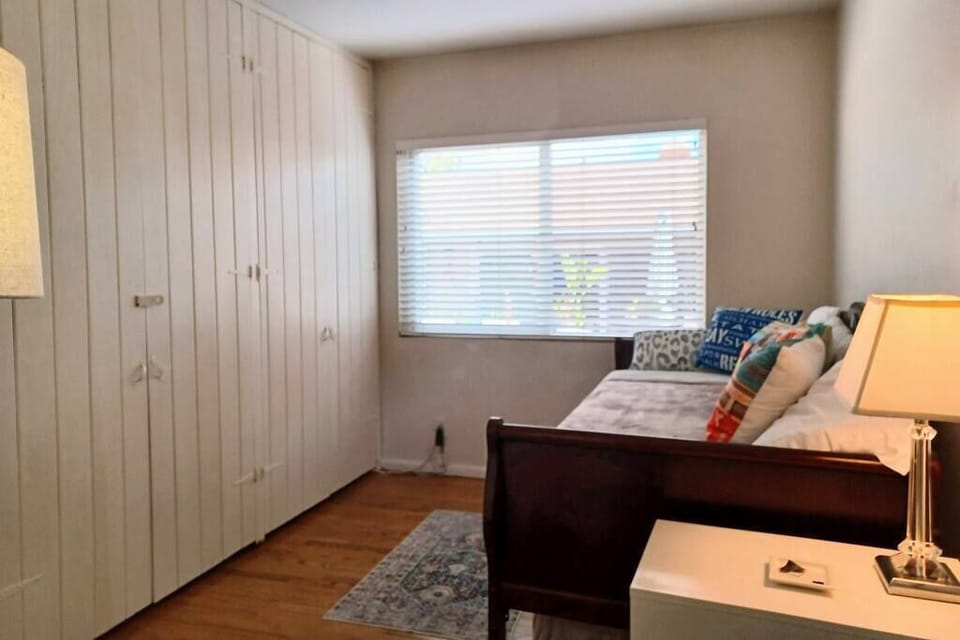 There is an office nook inside the doors on the right