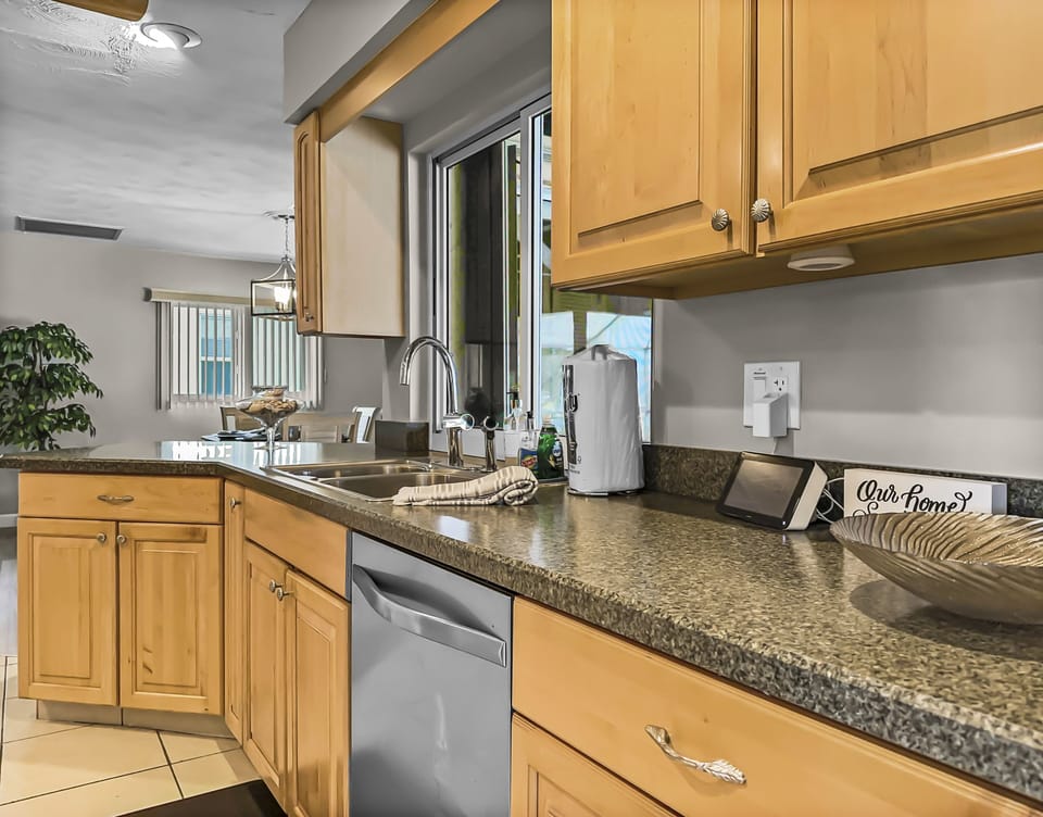 kitchen overlooks pool